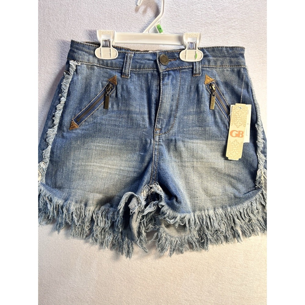 GB Women's Blue Medium Wash Denim Cut‎ Off Fringe Hem Zipper Pockets Size 5